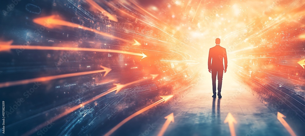 Poster a conceptual image of a businessman walking on a digital pathway with glowing arrows pointing forwar