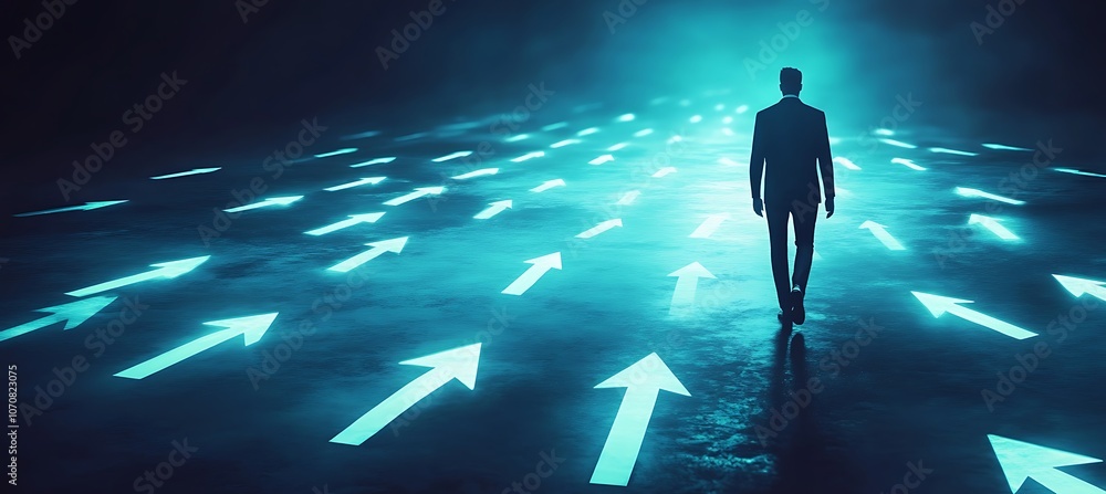 Poster a conceptual image of a businessman walking on a digital pathway with glowing arrows pointing forwar