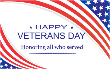 US Veterans Day greeting celebrate card with waving United States  flag vector design illustration