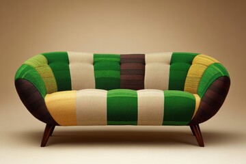 A modern, colorful sofa with a unique patchwork design featuring green, yellow, and brown hues. The sofa has a rounded shape and wooden legs, set against a neutral background