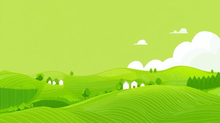 Fototapeta premium Explore vibrant green landscapes with charming houses nestled among the rolling hills