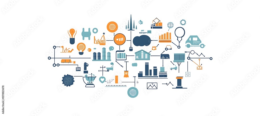 Poster a conceptual image of a business ecosystem with various industries represented by icons connected in
