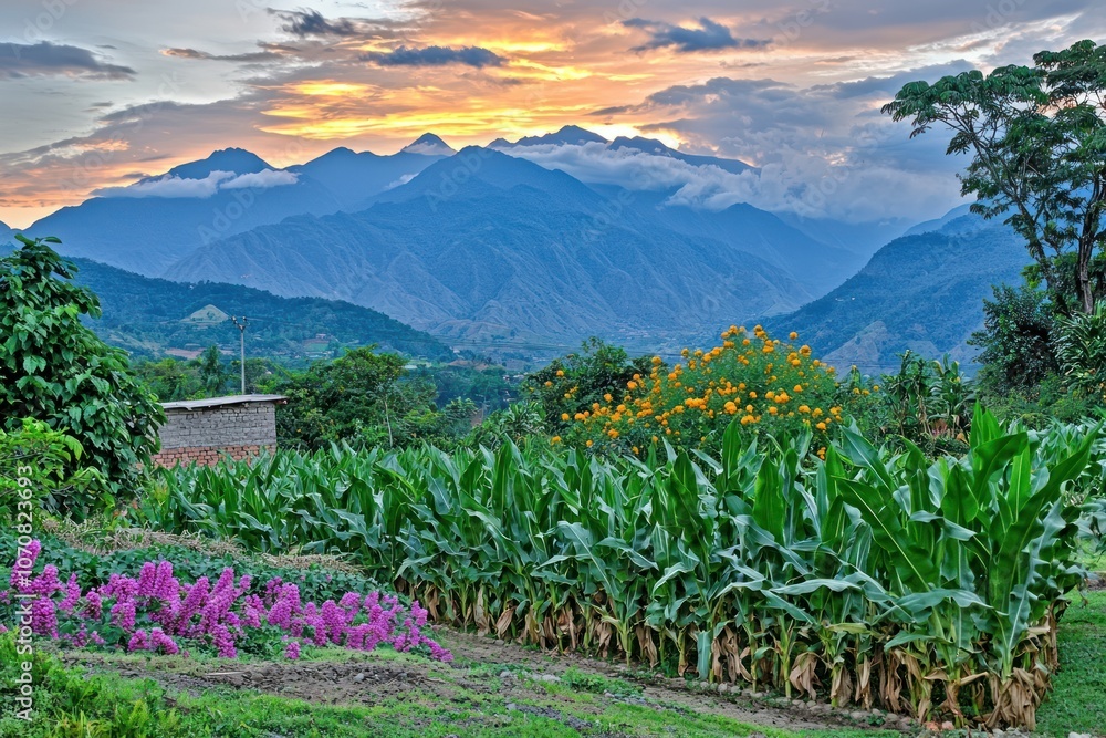 Poster Sunset over a Field of Corn and Flowers with a Mountain Range in the Background