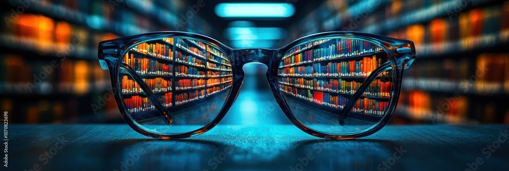 Aufkleber Glasses Reflecting a Bookshelf in a Library