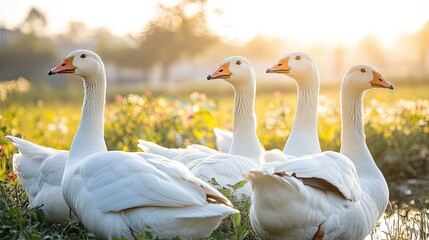 Obraz premium Group of white geese gathered near a small pond, with sunlight reflecting off their feathers, surrounded by green fields and wildflowers.