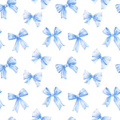 Seamless pattern with blue bows on white background. Watercolor illustration.