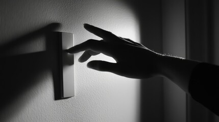 Hand about to press down on a light switch in a minimal interior, with fingers in focus, capturing the ease of control over lighting.