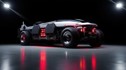 A futuristic electric truck with an ultra-modern aerodynamic design displayed in a high-tech studio.