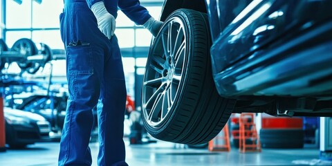 Mechanic holding a car wheel and smiling at a repair shop