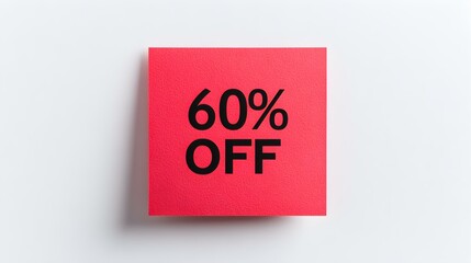 Black '60% OFF' Text on a Red Square Paper Note. White Background with Copy Space