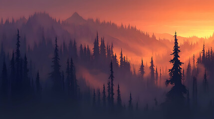 A misty forest at sunset with a silhouette of pine trees and mountains.