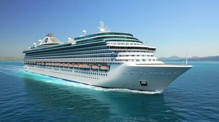 High-altitude view of a sleek cruise ship with a vivid blue ocean backdrop, moving swiftly across tranquil waters