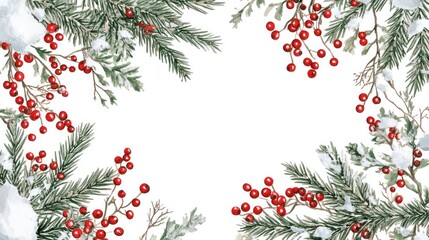 Winter decor with fir branches, red berries, and snow, arranged in a holiday border on white.