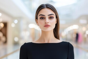 A beautiful woman with long dark hair and striking features stands in a luxury shopping mall background, wearing a black top looking at the camera
