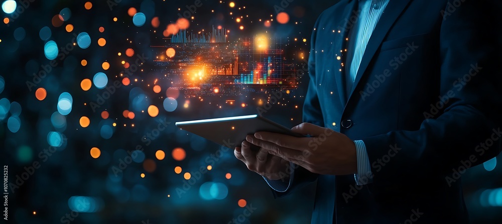 Poster a conceptual image of a businessman holding a tablet with digital graphs and data floating above it,