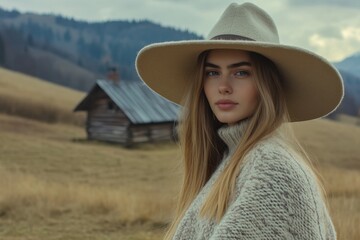 A woman in a wide-brimmed hat and cozy sweater stands in a rural landscape with a wooden cabin and mountains in the background