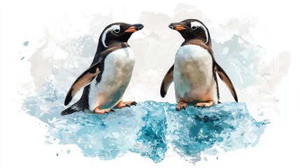 Fototapeta premium Two charming penguins interact playfully on an icy surface amidst a beautiful background