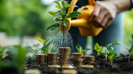 A businesman watering coins with a tree growing graph
