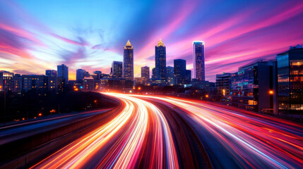 A scenic view of downtown Atlanta, Georgia, with the city skyline lit up at sunset, capturing its vibrant energy.