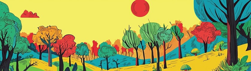 Vibrant trees dance under a bright sun in a colorful landscape illustration