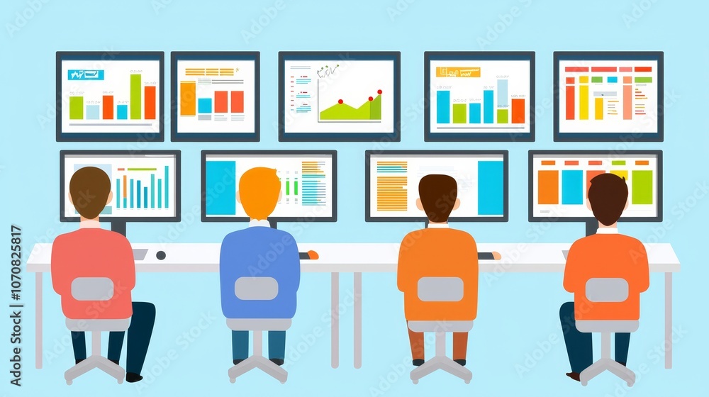 Poster business analysts monitor data insights through multiple screens to drive informed decisions