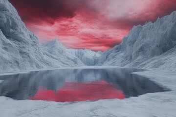 Snow Mountainous Landscape with a Frozen Lake Under a Dramatic, Red Sky