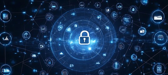 Obraz premium A conceptual image of a digital padlock surrounded by business-related icons, representing cybersecurity in business