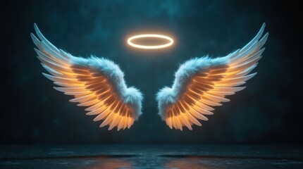 A photo spot with glowing angel wings and a halo suspended in front of a dark wall
