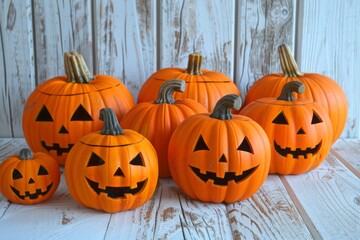 Halloween-themed decoration featuring orange pumpkins on white plank background