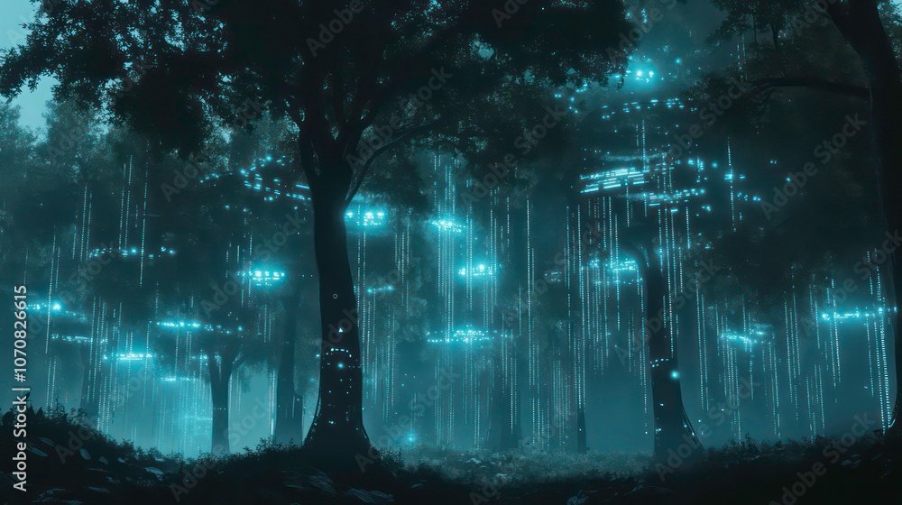 Poster a mystical forest illuminated by glowing orbs, creating an enchanting, serene atmosphere.