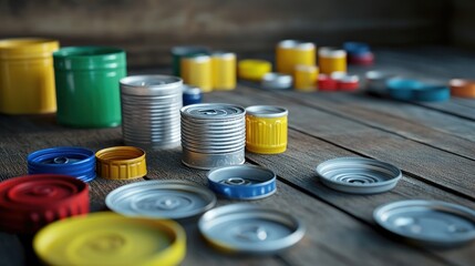 Recycling setup with a variety of plastic bottle caps and tin cans arranged on a wooden background, symbolizing environmental care.