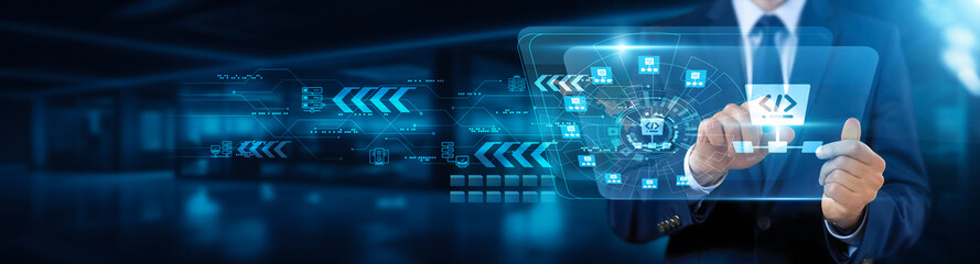 Algorithm development. Businessman touching interface and algorithm development, data processing,...