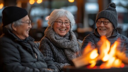 Obraz premium Three seniors are seated together, sharing smiles and laughter by a warm fire pit. They are wrapped in cozy scarves and hats, enjoying a pleasant winter evening filled with camaraderie.