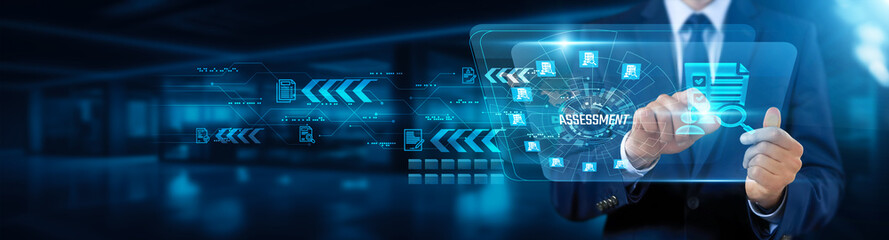 Assessment. Businessman touching interface and initiating, assessing strategic progress, reviewing business performance, leveraging technological advancements, decision-making process concept.