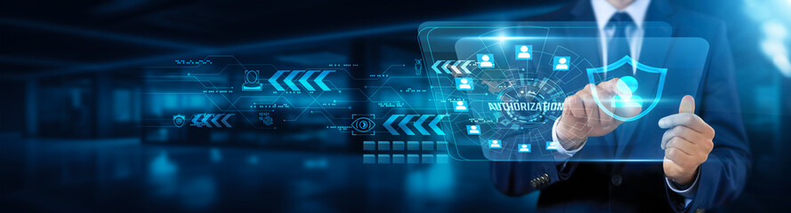 Authorization. Businessman touching interface and initiating, secure authorization process, verifying user identity, accessing confidential information, security authorization concept.
