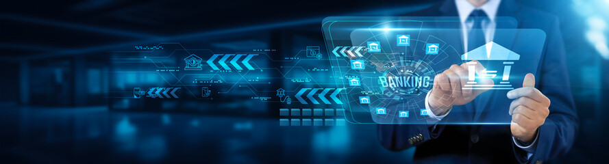 Businessman touching interface and digital banking, financial transactions, online services, mobile...