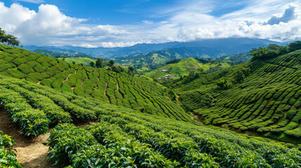 A scenic view of the coffee plantations in the Colombian Coffee Triangle, with lush green hills stretching into the distance.