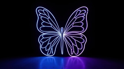 A neon installation with large illuminated butterfly wings on a dark background.