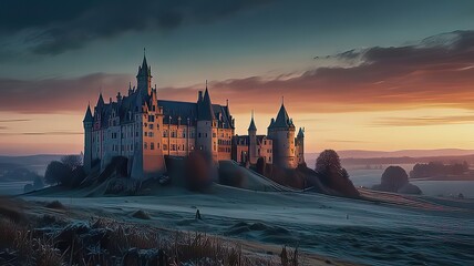 Obraz premium Historic Castle in Vast Open Landscape at Sunset