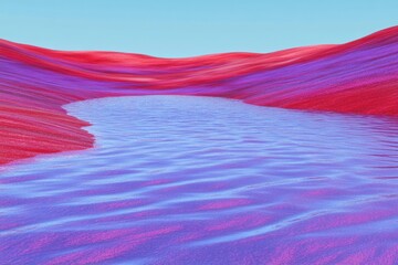 Surreal Landscape with Red Hills and Purple Water Under a Light Blue Sky, Abstract Nature Scene, Dreamlike Environment