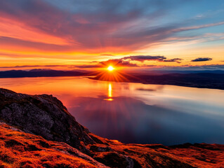 A scenic view of the Midnight Sun over the Arctic Circle in Norway, with the sun never setting over the horizon.