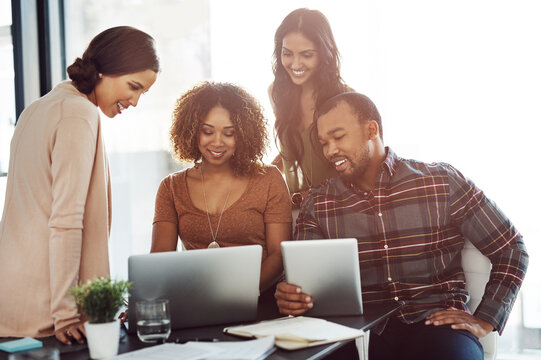 Reading, smile and group with laptop, office and collaboration for usability testing and ux design. Creative, people and conversational AI designer for language generation, teamwork and project
