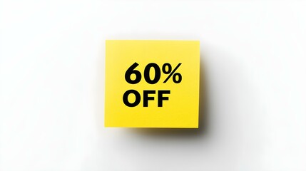 Black '60% OFF' Text on a Yellow Square Paper Note. White Background with Copy Space