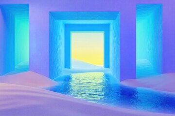 A surreal landscape featuring multiple blue-tinted doorways leading to a serene body of water, surrounded by soft, sandy dunes. The scene is illuminated with a gradient of warm colors in the sky