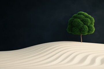 A solitary tree with a lush green canopy stands on a smooth, wavy sand dune against a dark background. The scene conveys a sense of tranquility and isolation