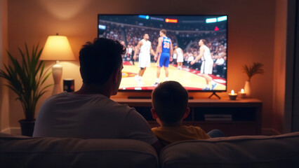 Father and son watching basketball game on tv at night