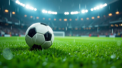 Classic leather soccer ball sits on a vibrant green, rain-soaked field in a brightly lit stadium, capturing the essence of a rainy soccer match