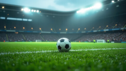 A soccer ball lies on a lush green field of a packed stadium under bright floodlights, in the rain