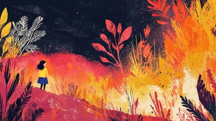 A young girl stands in awe of a vibrant fiery landscape filled with colorful flora