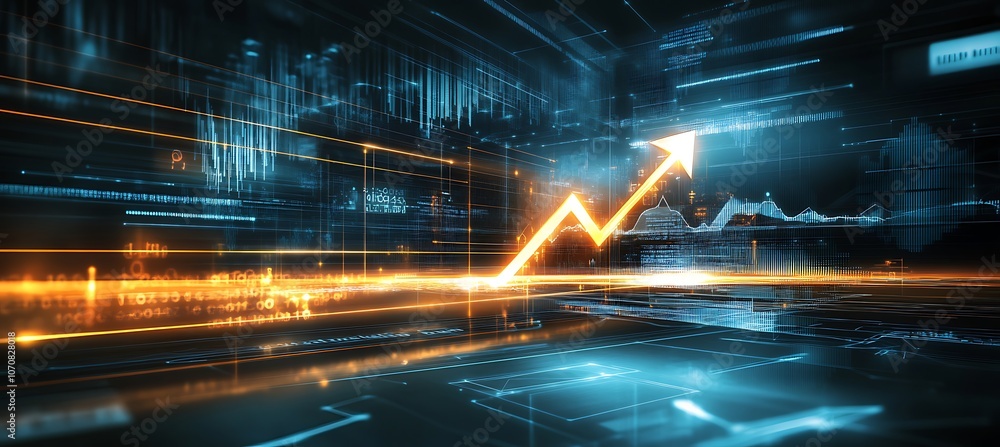 Poster a conceptual image of a digital interface showing a business growth chart with an upward arrow and g